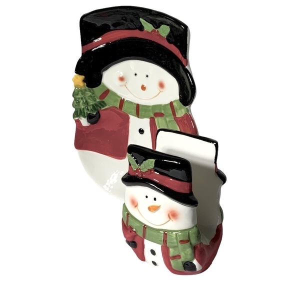 Snowman Kitchen Hand Painted Set Christmas Ceramic Dish Tray Napkin Holder 2 PC - Picture 9 of 15